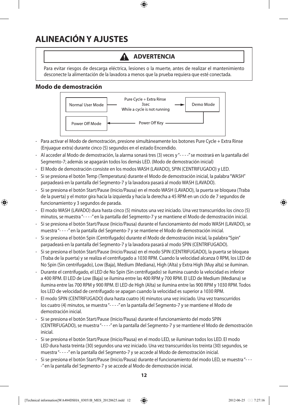 Alineación y ajustes, Modo de demostración, Advertencia | Samsung WA476DSHAWR-A1 User Manual | Page 32 / 60