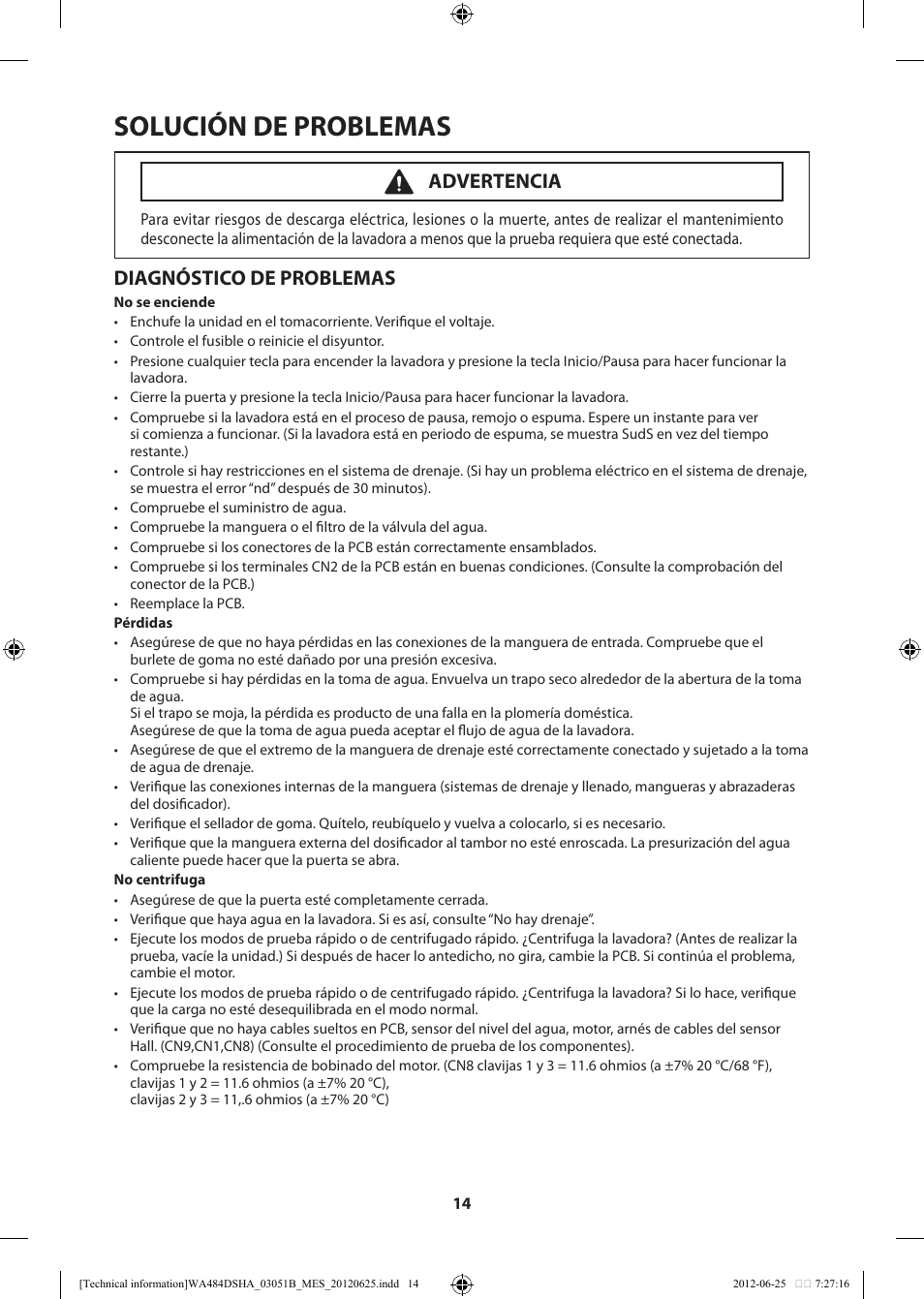 Solución de problemas, Diagnóstico de problemas, Advertencia | Samsung WA476DSHAWR-A1 User Manual | Page 34 / 60