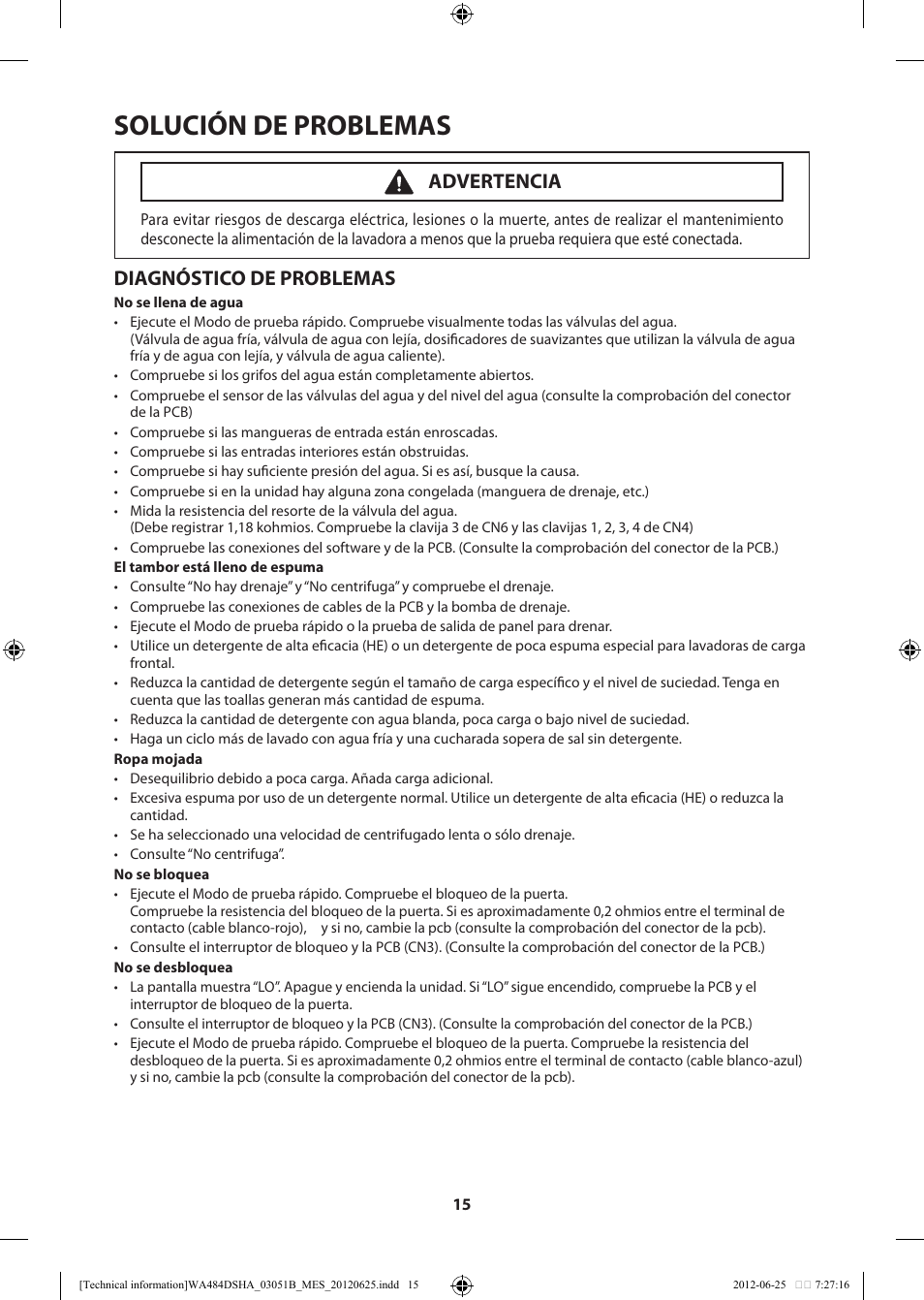 Solución de problemas, Diagnóstico de problemas, Advertencia | Samsung WA476DSHAWR-A1 User Manual | Page 35 / 60