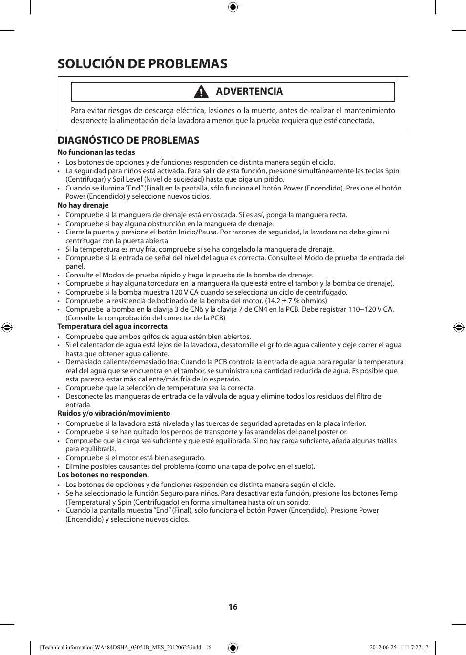 Solución de problemas, Diagnóstico de problemas, Advertencia | Samsung WA476DSHAWR-A1 User Manual | Page 36 / 60