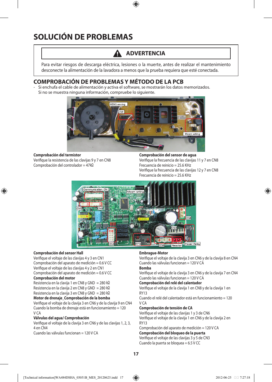Solución de problemas, Comprobación de problemas y método de la pcb, Advertencia | Samsung WA476DSHAWR-A1 User Manual | Page 37 / 60