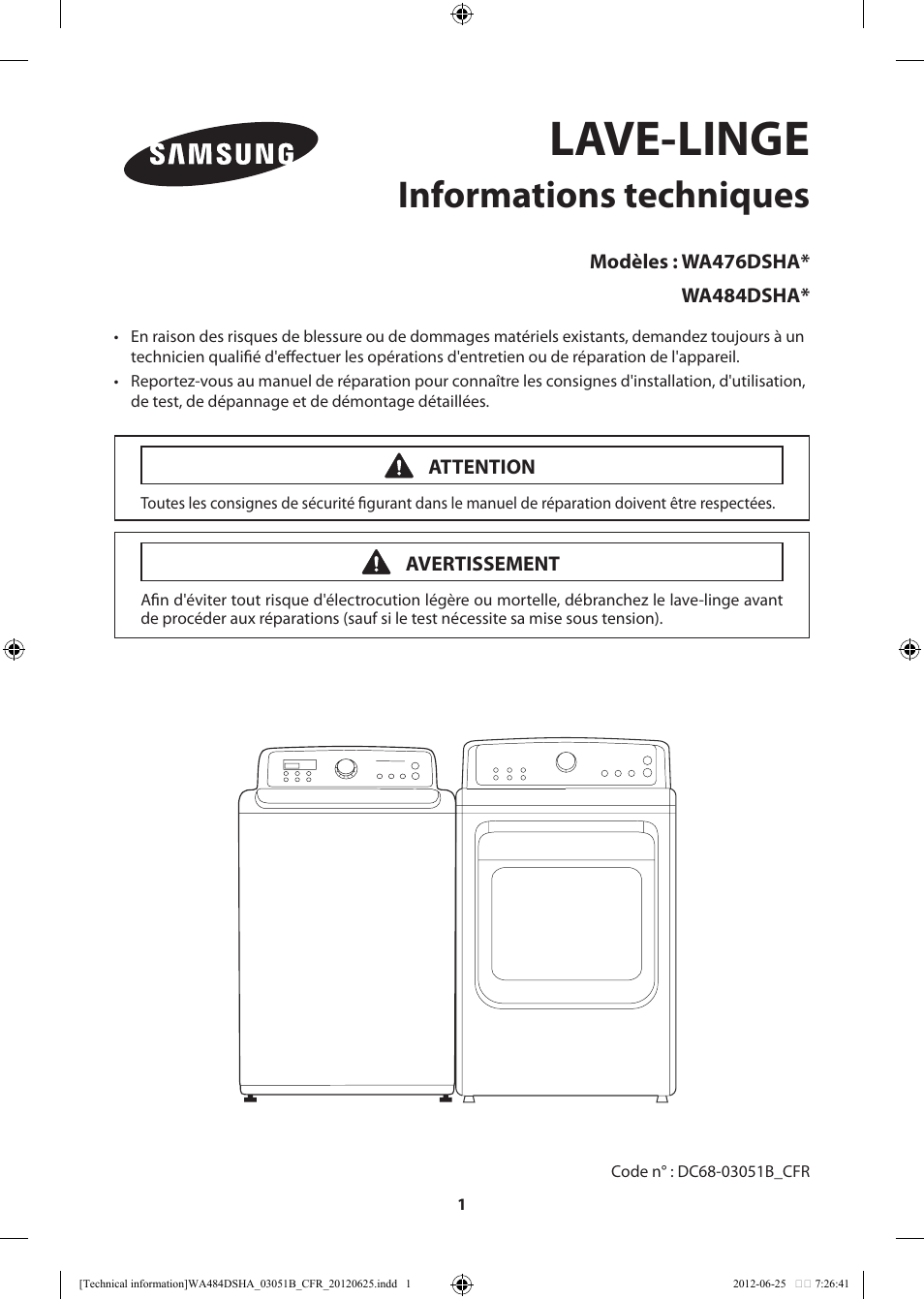 Lave-linge, Informations techniques | Samsung WA476DSHAWR-A1 User Manual | Page 41 / 60