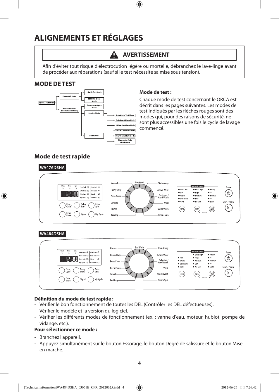 Alignements et réglages | Samsung WA476DSHAWR-A1 User Manual | Page 44 / 60
