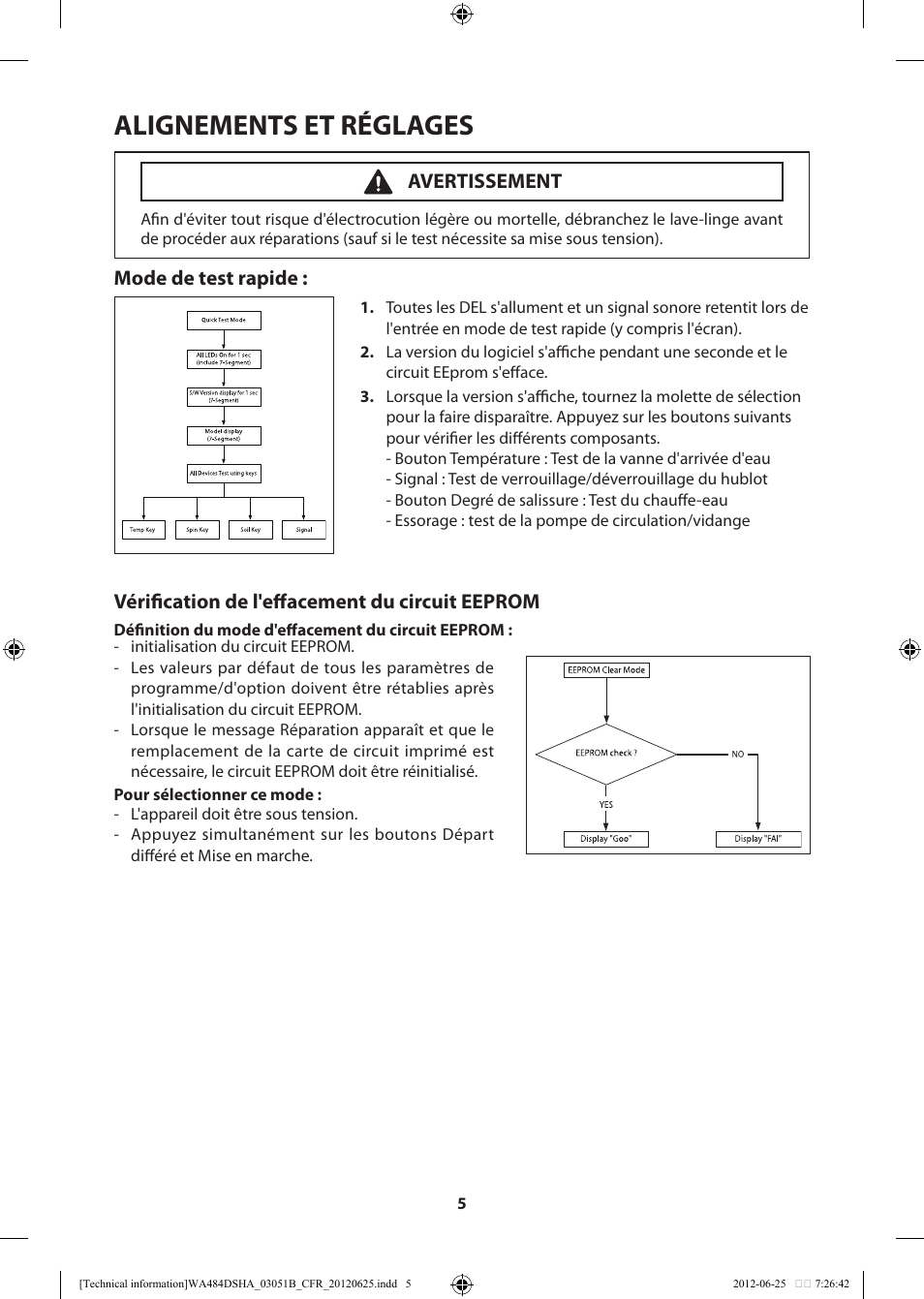 Alignements et réglages, Mode de test rapide, Vérification de l'effacement du circuit eeprom | Avertissement | Samsung WA476DSHAWR-A1 User Manual | Page 45 / 60