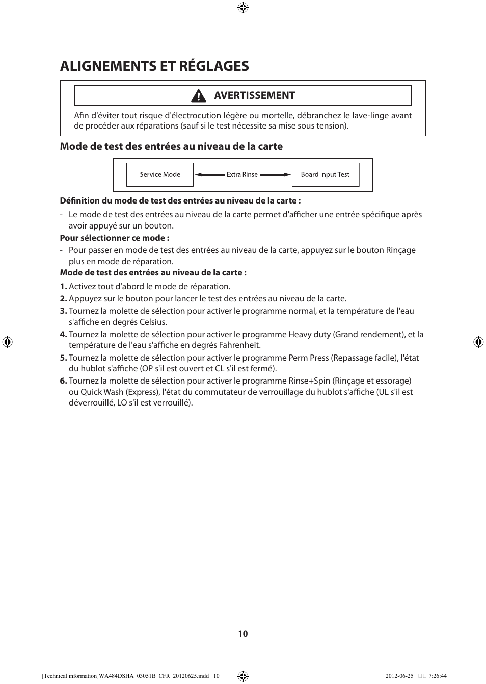 Alignements et réglages, Mode de test des entrées au niveau de la carte, Avertissement | Samsung WA476DSHAWR-A1 User Manual | Page 50 / 60