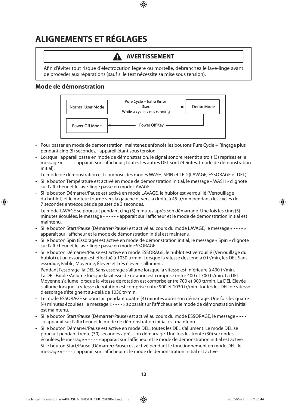 Alignements et réglages, Mode de démonstration, Avertissement | Samsung WA476DSHAWR-A1 User Manual | Page 52 / 60