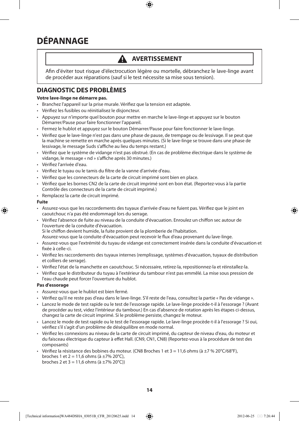 Dépannage, Diagnostic des problèmes, Avertissement | Samsung WA476DSHAWR-A1 User Manual | Page 54 / 60