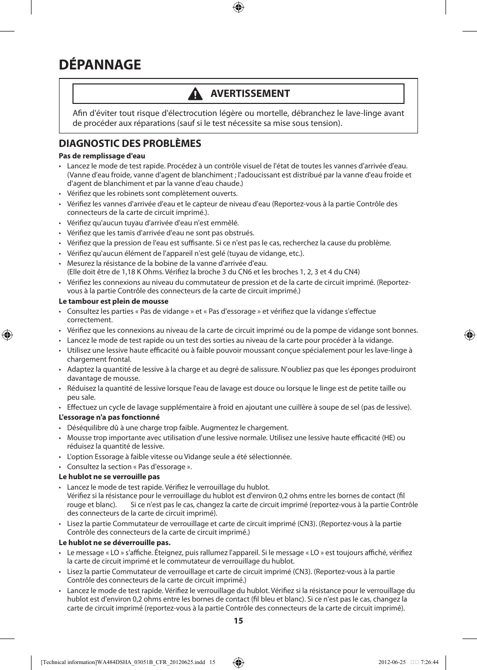 Dépannage, Diagnostic des problèmes, Avertissement | Samsung WA476DSHAWR-A1 User Manual | Page 55 / 60