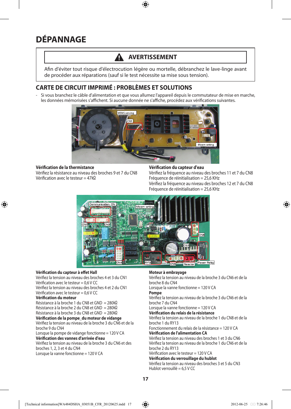 Dépannage, Carte de circuit imprimé : problèmes et solutions, Avertissement | Samsung WA476DSHAWR-A1 User Manual | Page 57 / 60