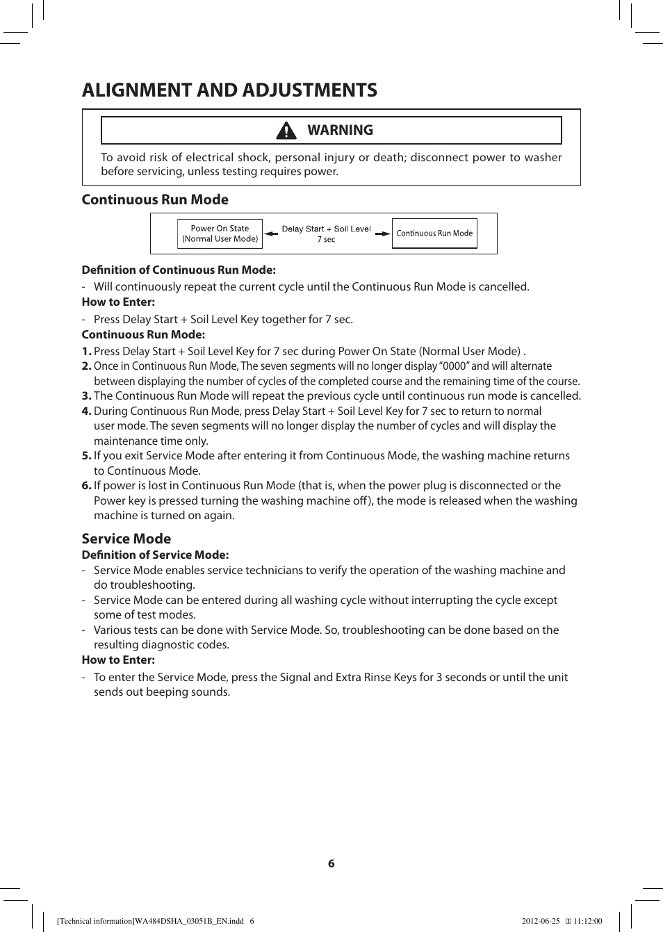 Alignment and adjustments, Continuous run mode, Service mode | Warning | Samsung WA476DSHAWR-A1 User Manual | Page 6 / 60