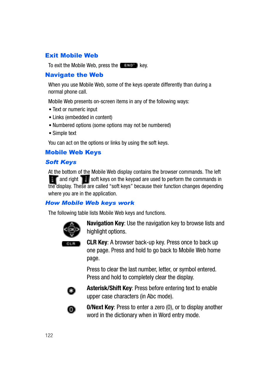 Exit mobile web, Navigate the web mobile web keys | Samsung SCH-U620ZKAVZW User Manual | Page 122 / 150