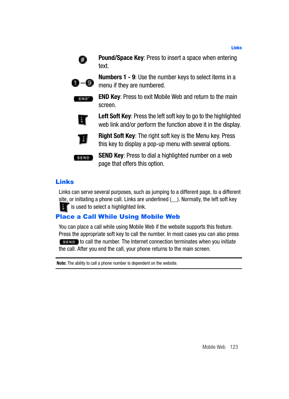 Links place a call while using mobile web | Samsung SCH-U620ZKAVZW User Manual | Page 123 / 150