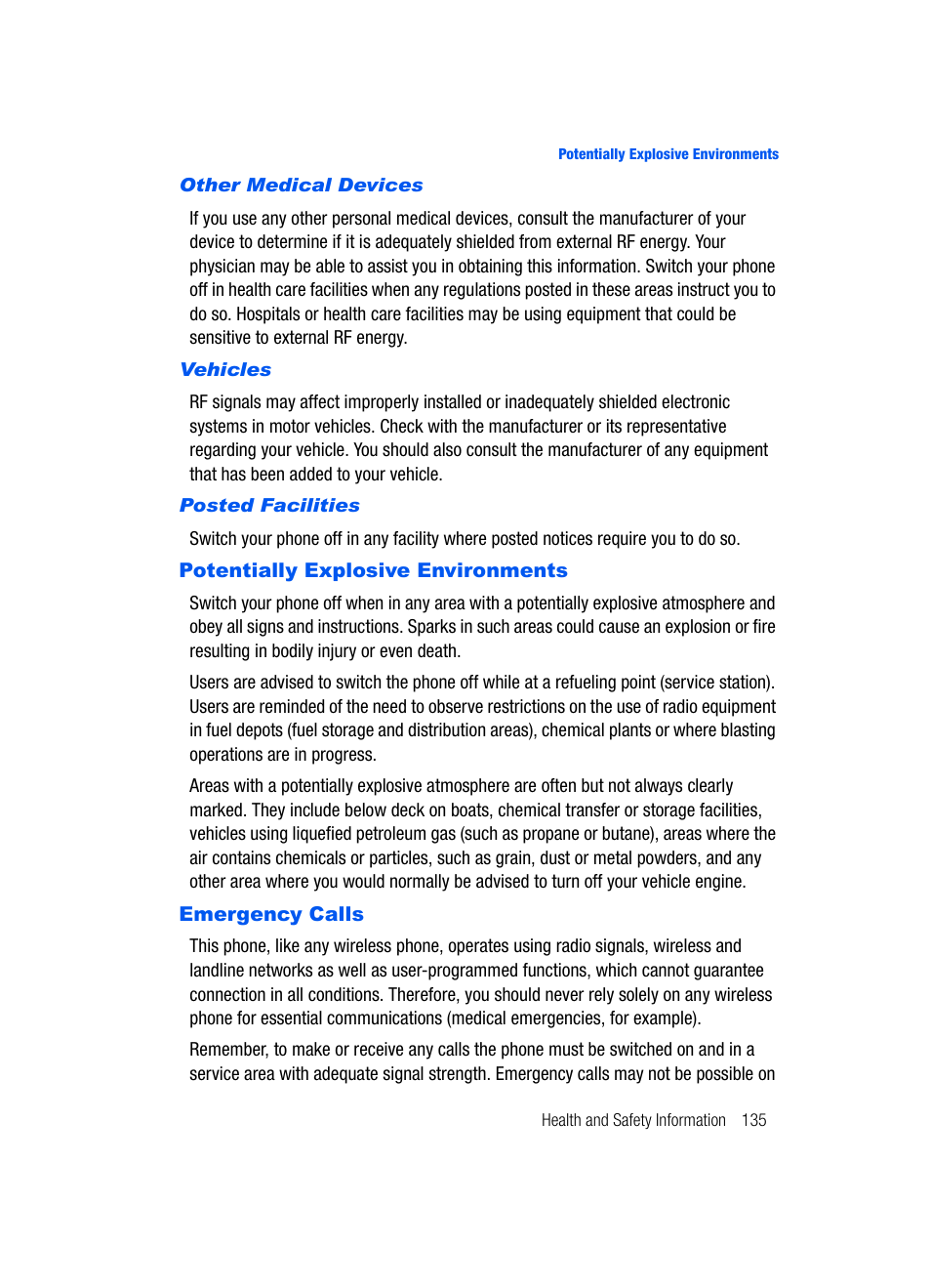 Potentially explosive environments emergency calls | Samsung SCH-U620ZKAVZW User Manual | Page 135 / 150