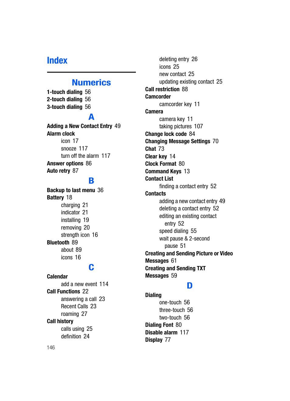 Index, Numerics | Samsung SCH-U620ZKAVZW User Manual | Page 146 / 150