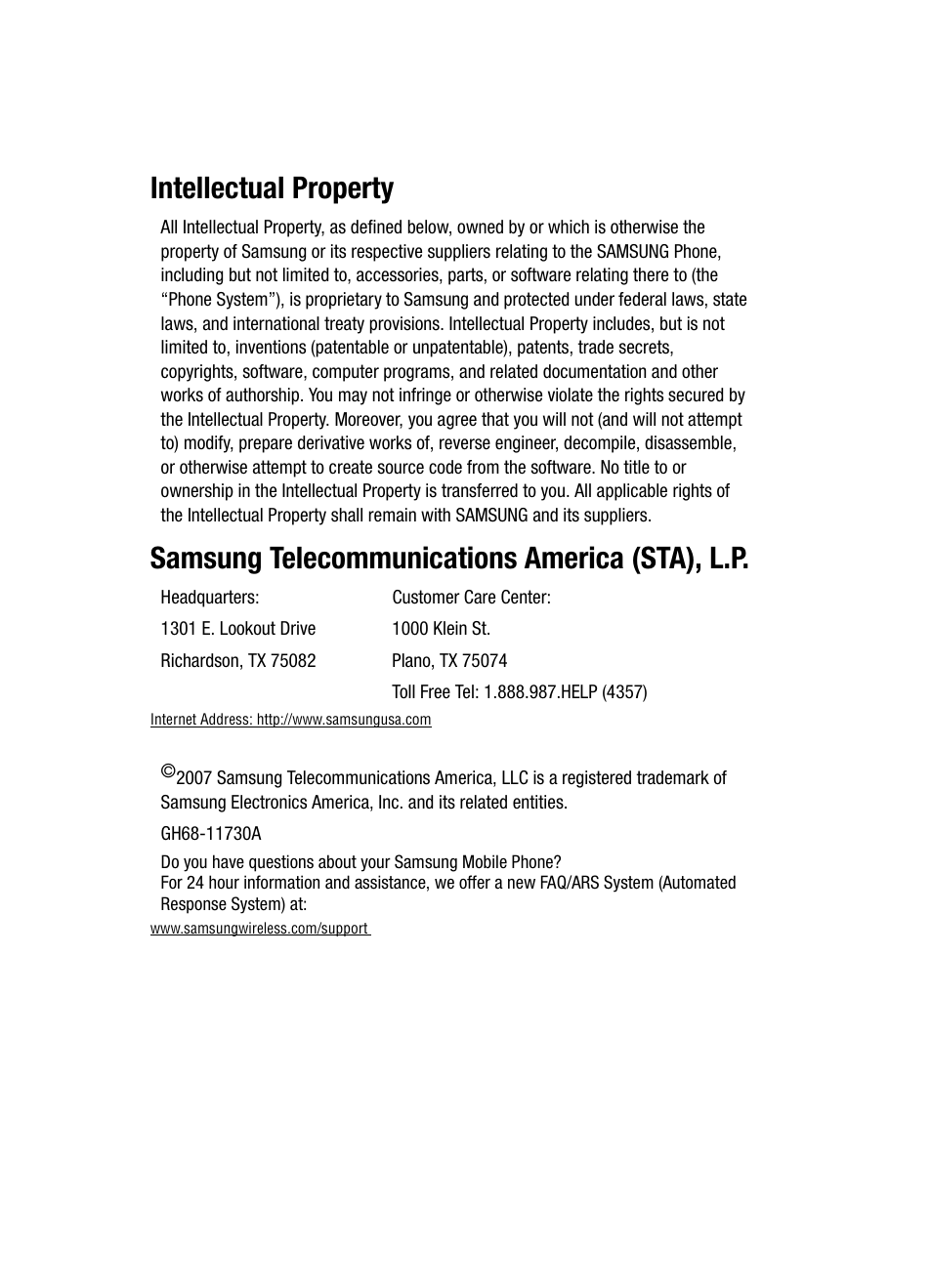 Intellectual property, Samsung telecommunications america (sta), l.p | Samsung SCH-U620ZKAVZW User Manual | Page 2 / 150