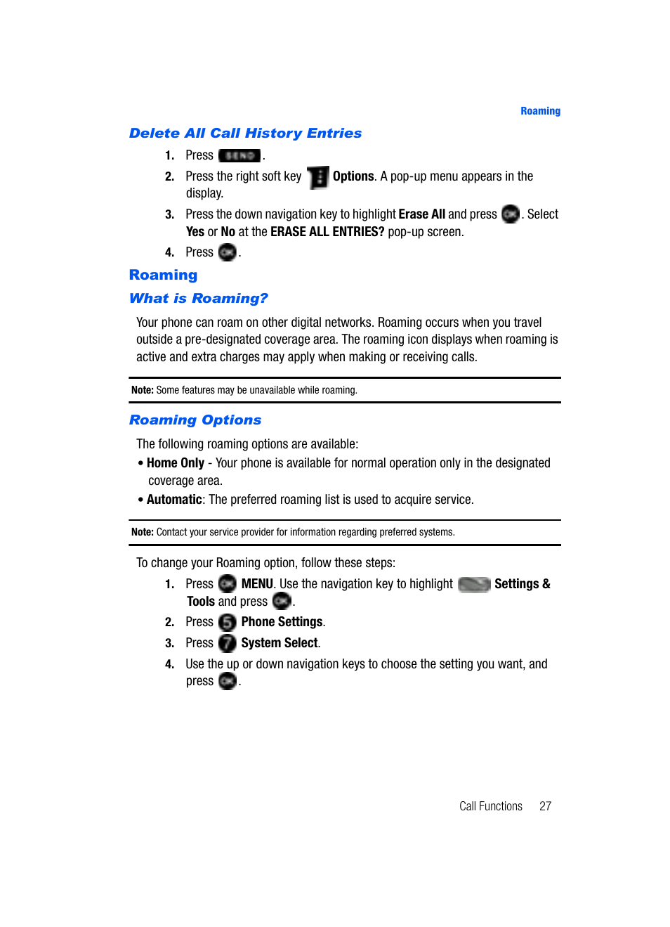 Roaming | Samsung SCH-U620ZKAVZW User Manual | Page 27 / 150