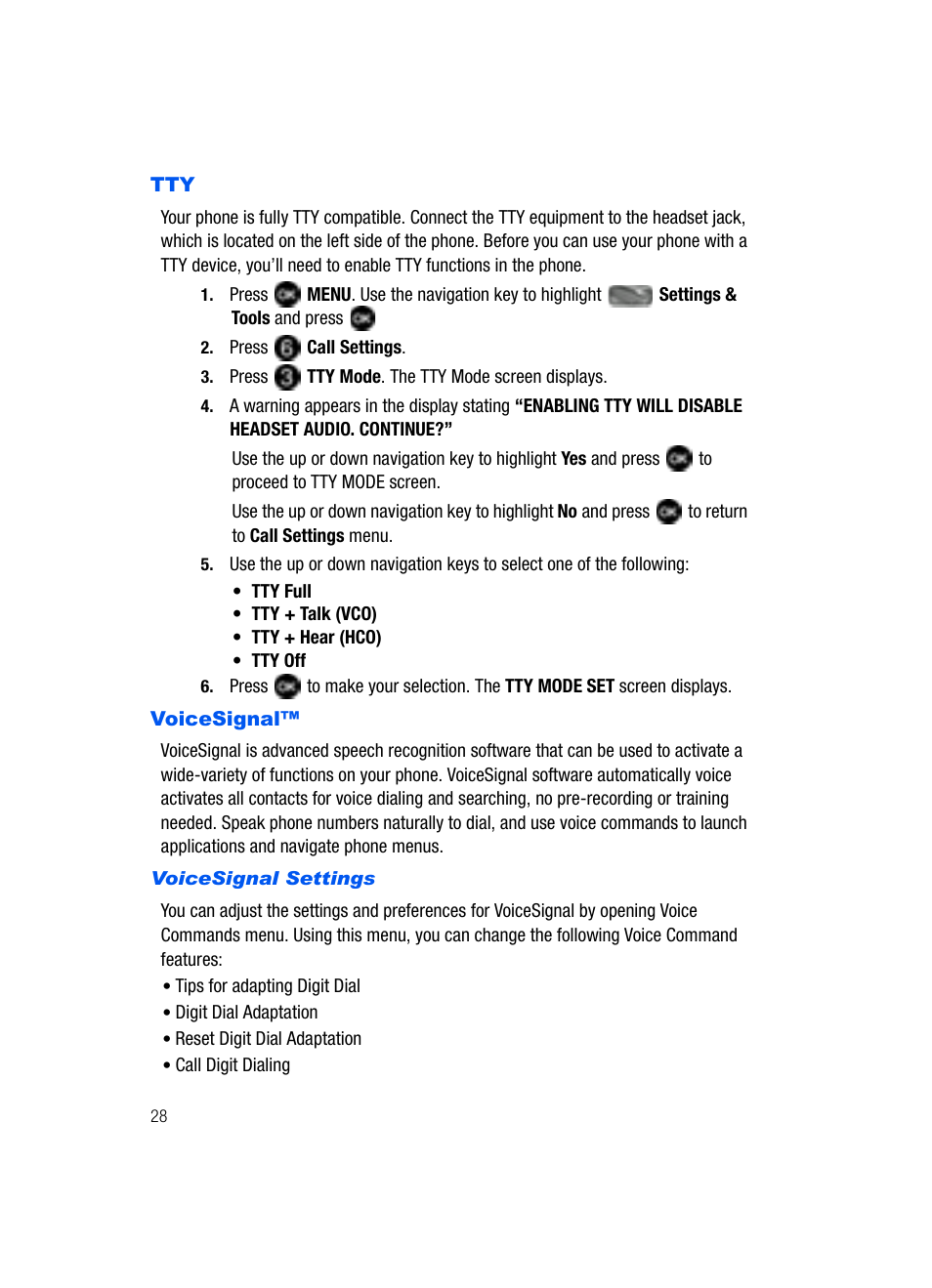 Tty voicesignal | Samsung SCH-U620ZKAVZW User Manual | Page 28 / 150