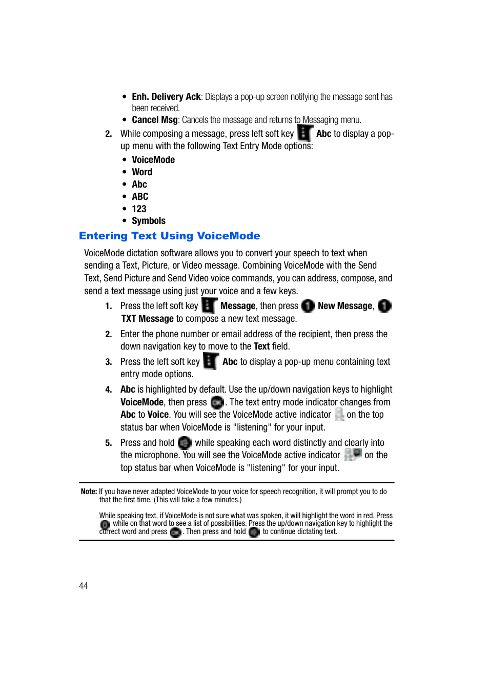 Entering text using voicemode | Samsung SCH-U620ZKAVZW User Manual | Page 44 / 150