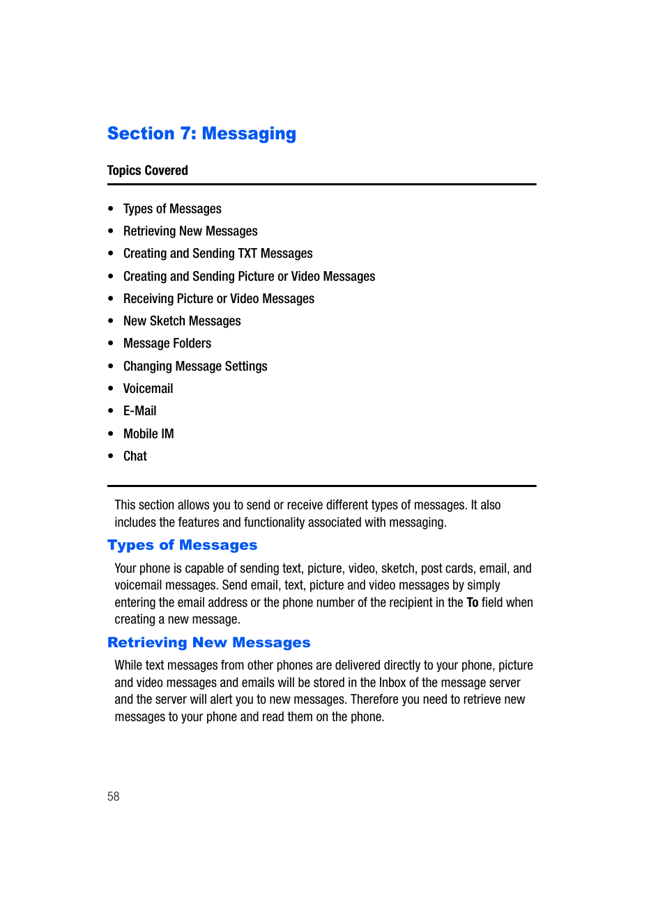 Messaging, Types of messages retrieving new messages | Samsung SCH-U620ZKAVZW User Manual | Page 58 / 150