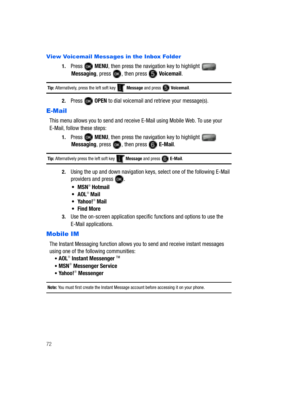 E-mail mobile im | Samsung SCH-U620ZKAVZW User Manual | Page 72 / 150