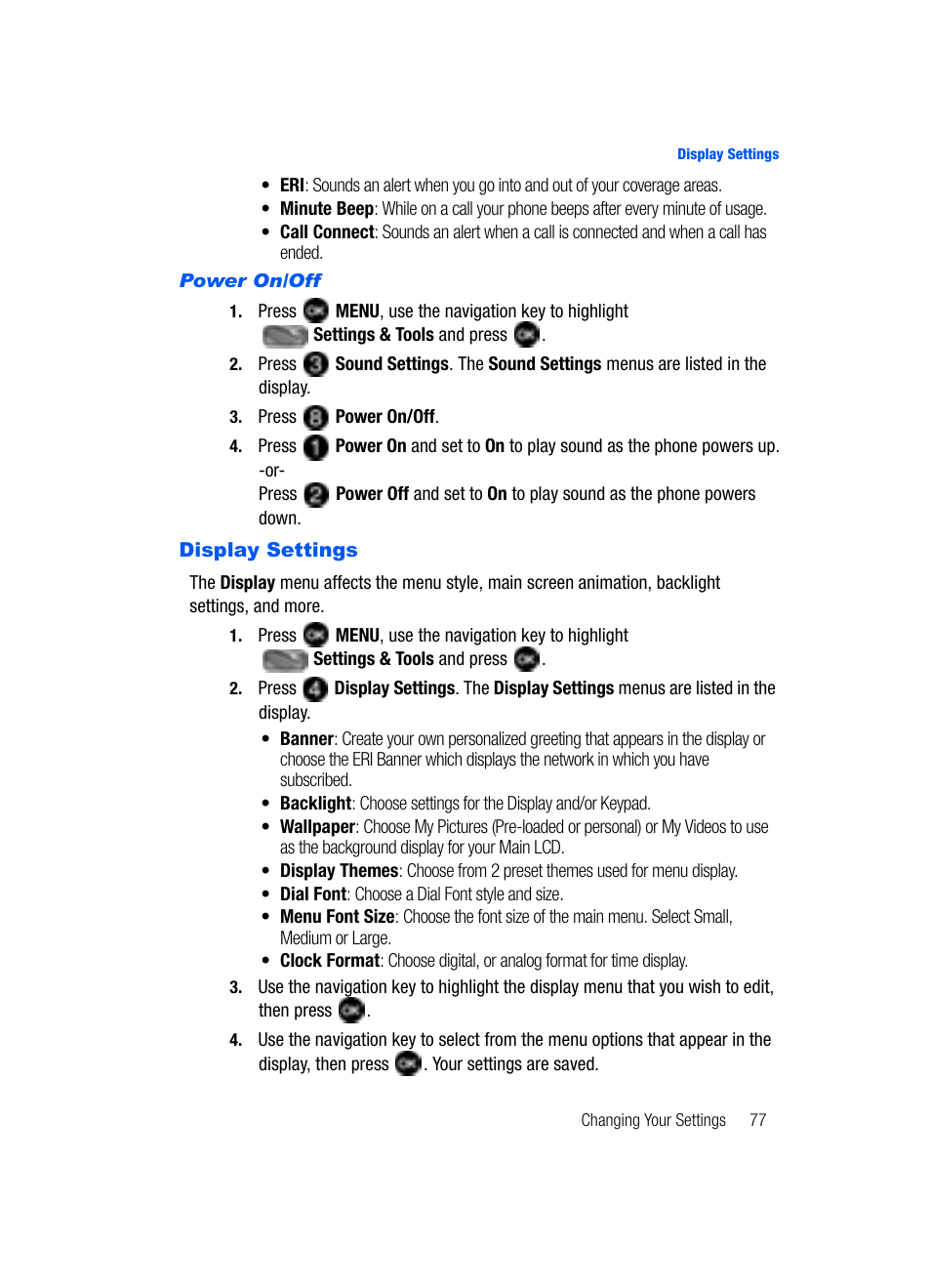 Display settings | Samsung SCH-U620ZKAVZW User Manual | Page 77 / 150