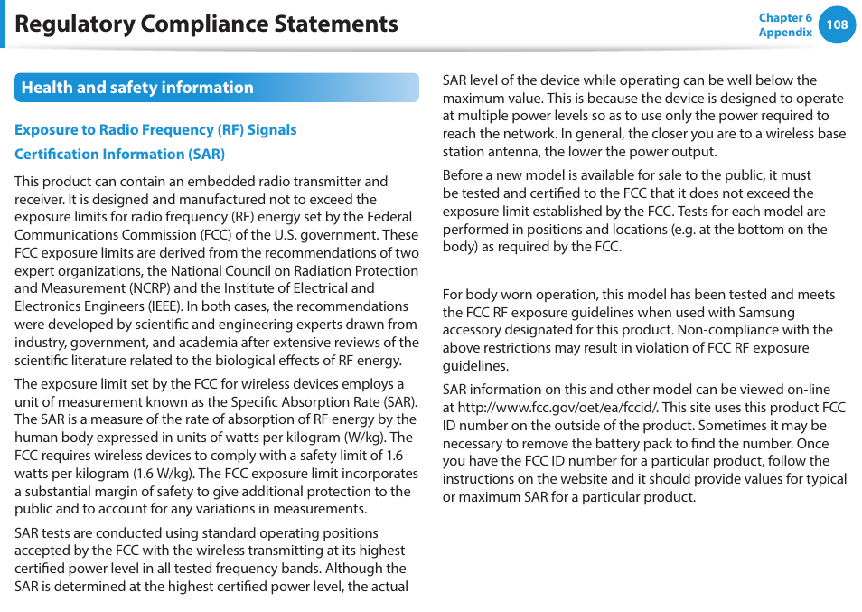 Regulatory compliance statements | Samsung NP470R5E-K02UB User Manual | Page 109 / 126