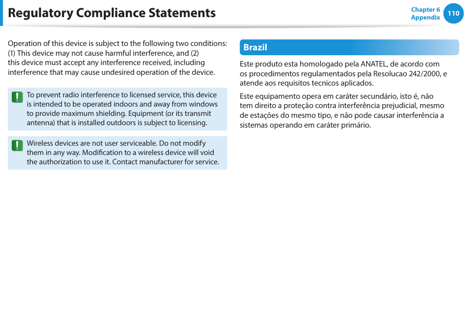 Regulatory compliance statements | Samsung NP470R5E-K02UB User Manual | Page 111 / 126