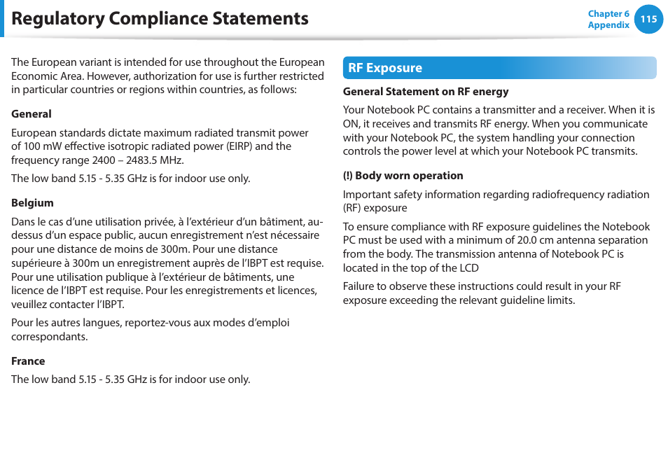 Regulatory compliance statements | Samsung NP470R5E-K02UB User Manual | Page 116 / 126