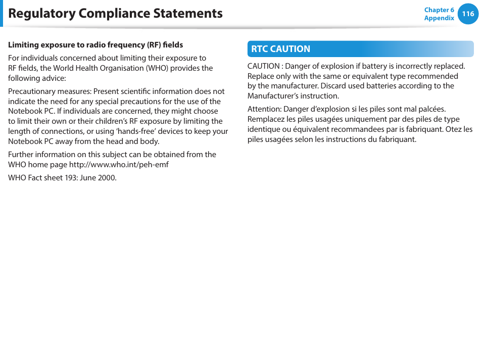Regulatory compliance statements | Samsung NP470R5E-K02UB User Manual | Page 117 / 126