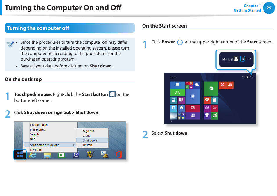 Turning the computer on and off | Samsung NP470R5E-K02UB User Manual | Page 30 / 126