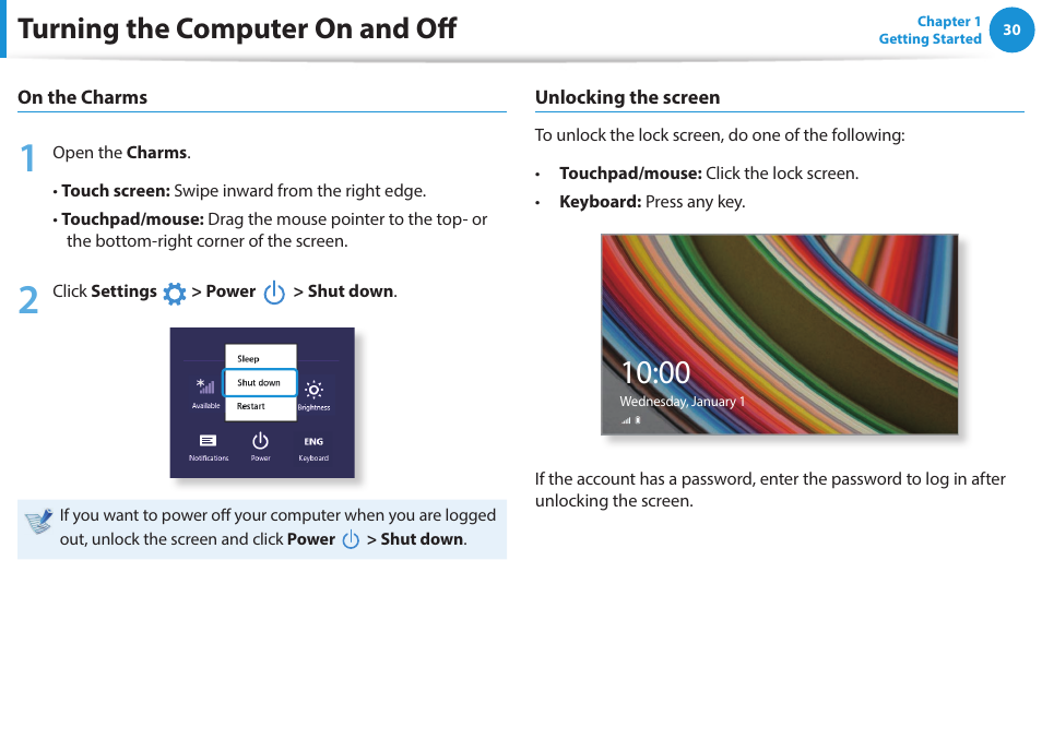 Turning the computer on and off | Samsung NP470R5E-K02UB User Manual | Page 31 / 126