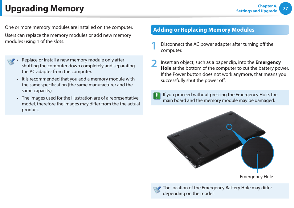 Upgrading memory | Samsung NP470R5E-K02UB User Manual | Page 78 / 126