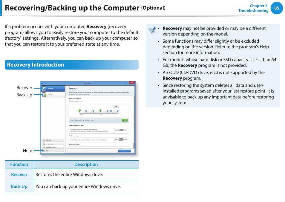 Recovering/backing up the computer (optional), Recovering/backing up the computer (optional) 85, Recovering/backing up the computer | Recovery introduction | Samsung NP470R5E-K02UB User Manual | Page 86 / 126