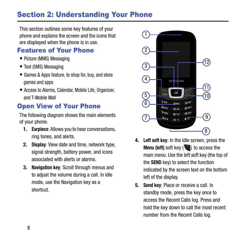 Section 2: understanding your phone, Features of your phone, Open view of your phone | Features of your phone open view of your phone | Samsung SGH-T199ZKWTMB User Manual | Page 12 / 106