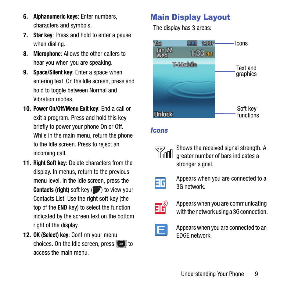 Main display layout | Samsung SGH-T199ZKWTMB User Manual | Page 13 / 106