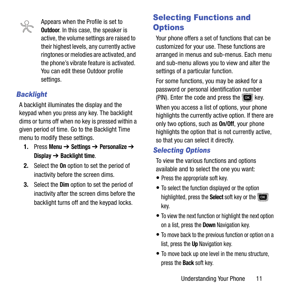 Selecting functions and options | Samsung SGH-T199ZKWTMB User Manual | Page 15 / 106