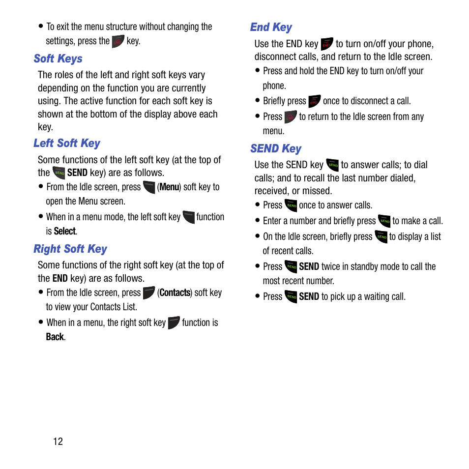 Soft keys, Left soft key, Right soft key | End key, Send key | Samsung SGH-T199ZKWTMB User Manual | Page 16 / 106