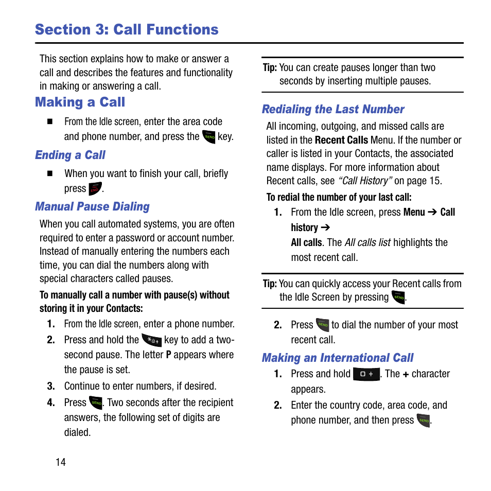 Section 3: call functions, Making a call, Ending a call | Manual pause dialing, Redialing the last number, Making an international call | Samsung SGH-T199ZKWTMB User Manual | Page 18 / 106