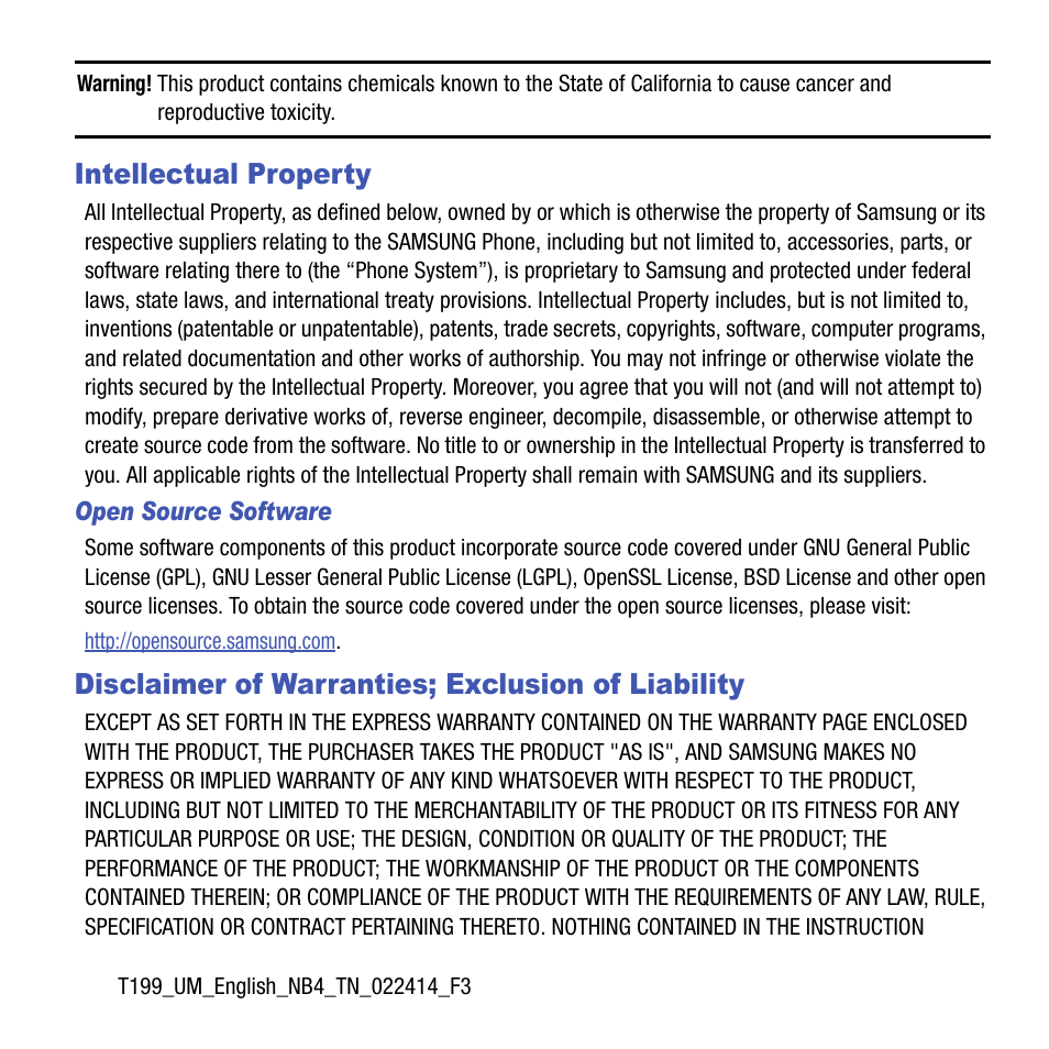 Intellectual property, Disclaimer of warranties; exclusion of liability | Samsung SGH-T199ZKWTMB User Manual | Page 2 / 106