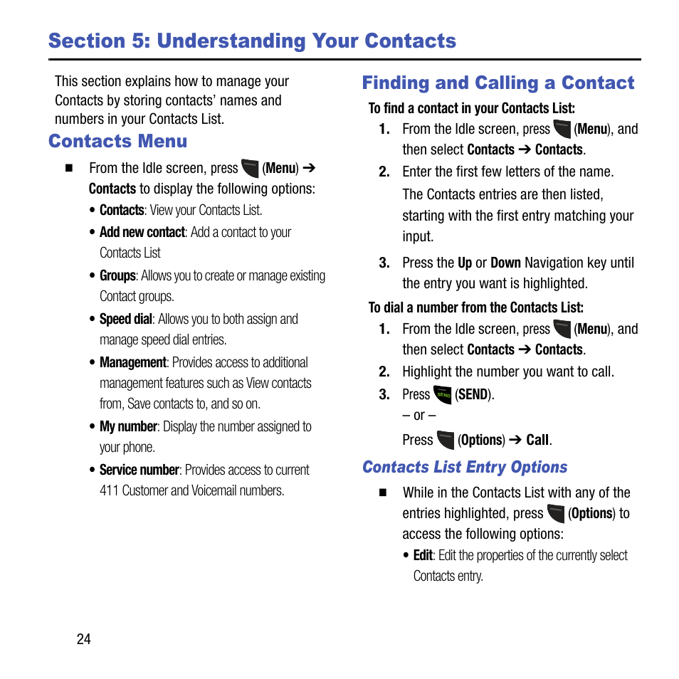 Section 5: understanding your contacts, Contacts menu, Finding and calling a contact | Contacts menu finding and calling a contact | Samsung SGH-T199ZKWTMB User Manual | Page 28 / 106