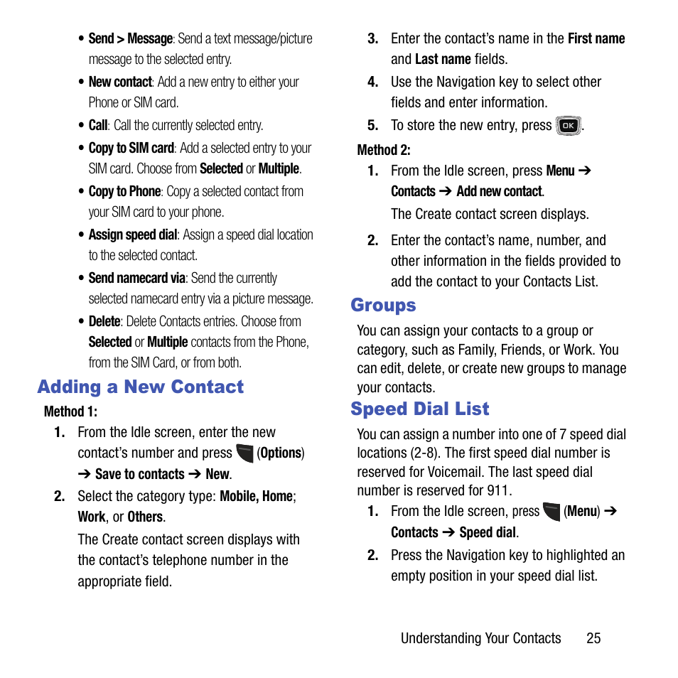 Adding a new contact, Groups, Speed dial list | Groups speed dial list | Samsung SGH-T199ZKWTMB User Manual | Page 29 / 106