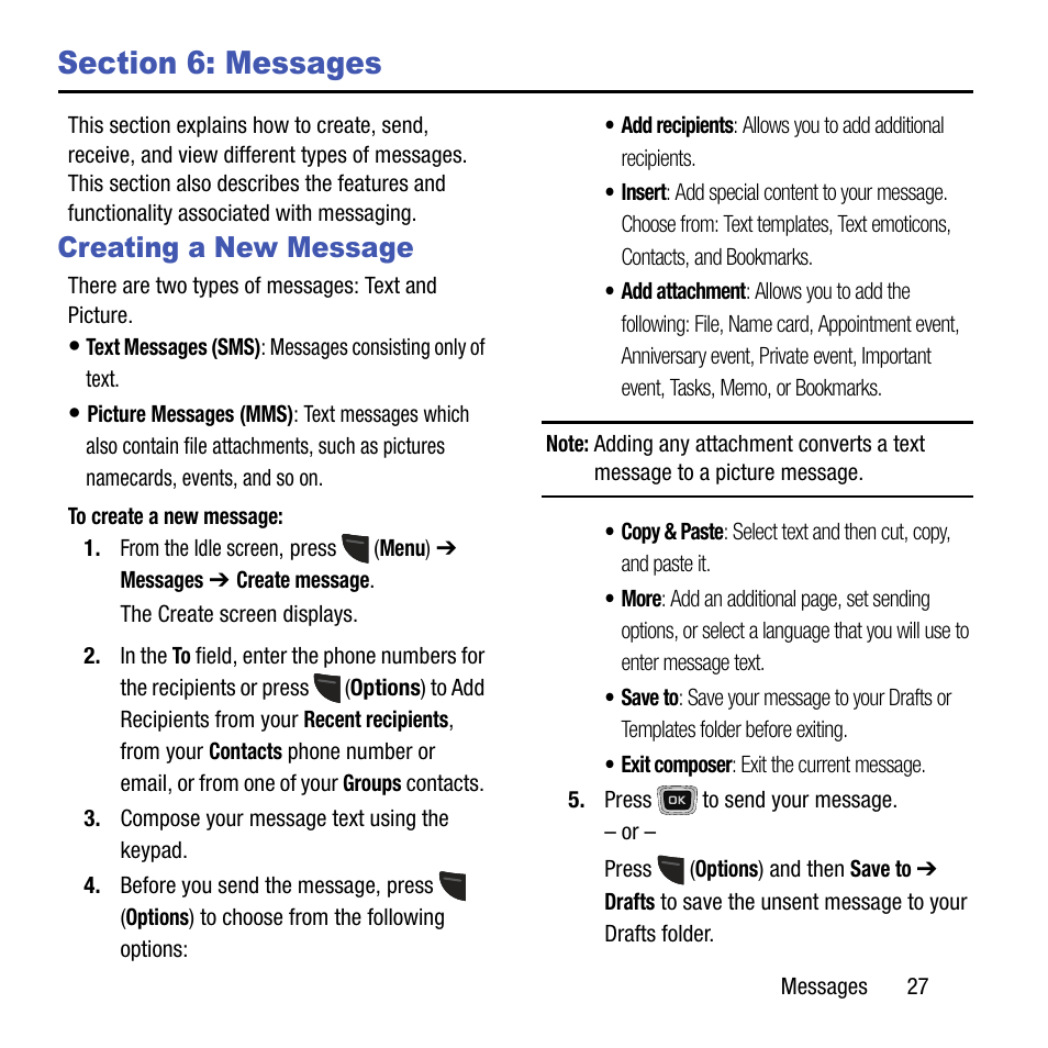 Section 6: messages, Creating a new message | Samsung SGH-T199ZKWTMB User Manual | Page 31 / 106