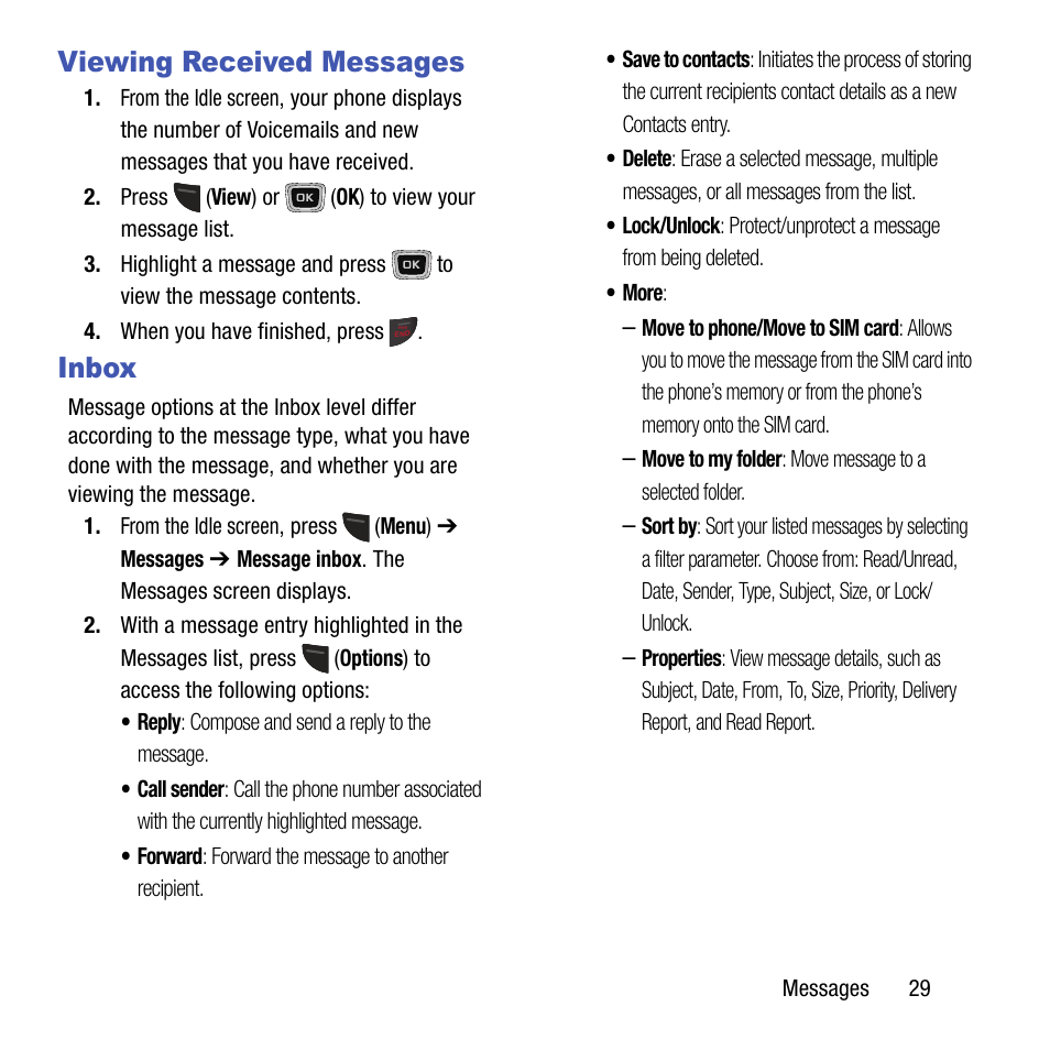 Viewing received messages, Inbox, Viewing received messages inbox | Samsung SGH-T199ZKWTMB User Manual | Page 33 / 106