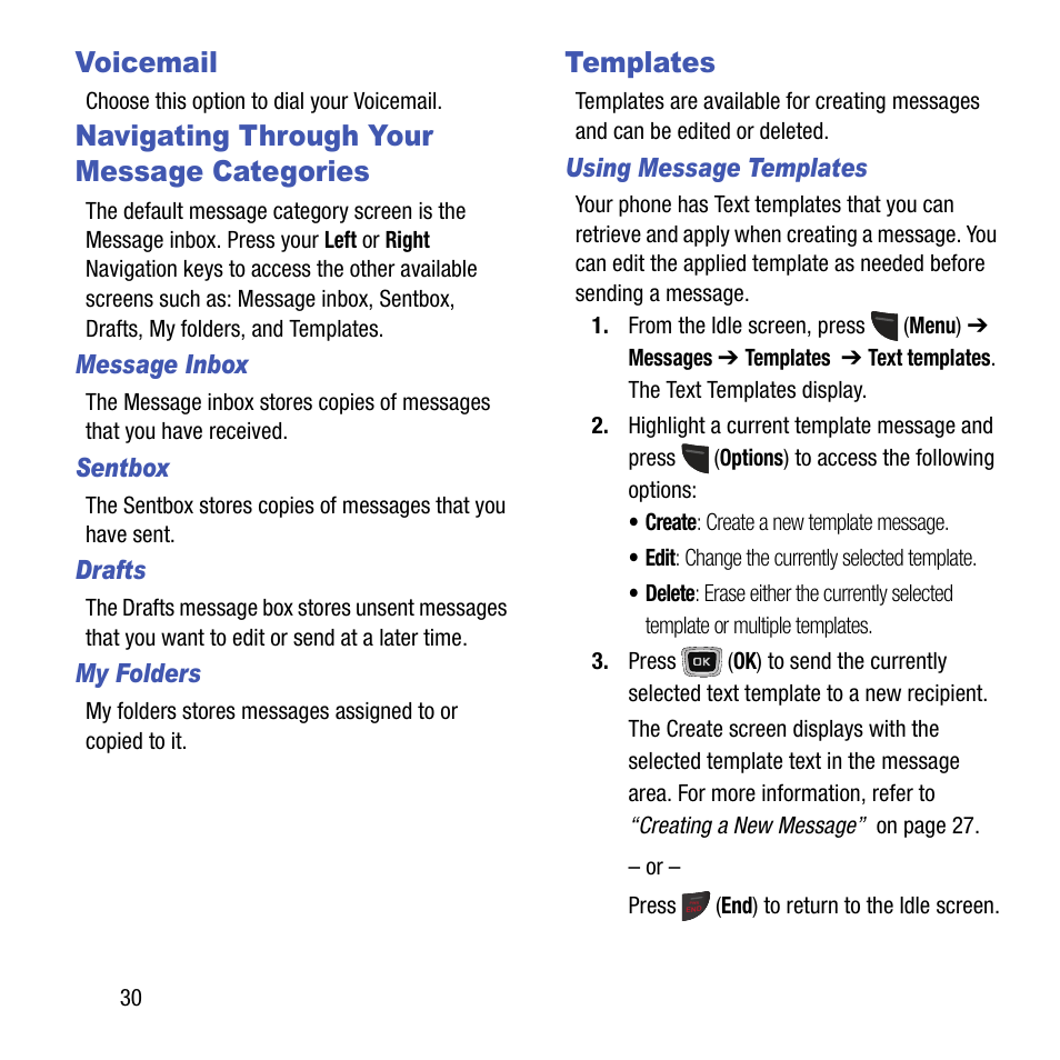 Voicemail, Navigating through your message categories, Templates | Voicemail navigating through your message, Categories | Samsung SGH-T199ZKWTMB User Manual | Page 34 / 106