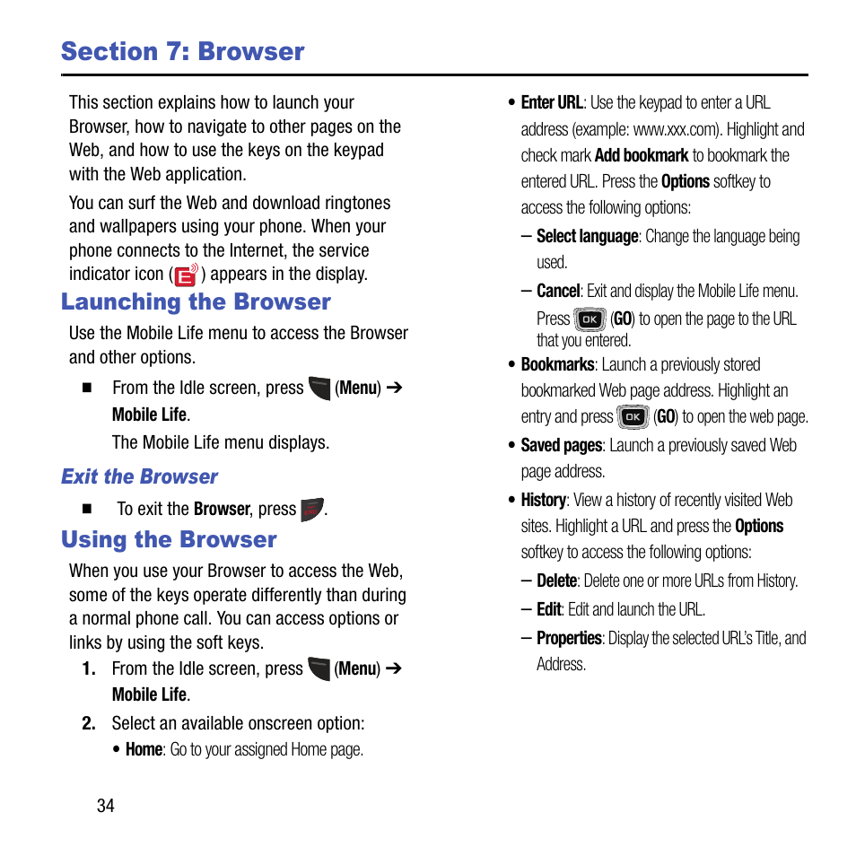 Section 7: browser, Launching the browser, Using the browser | Launching the browser using the browser | Samsung SGH-T199ZKWTMB User Manual | Page 38 / 106