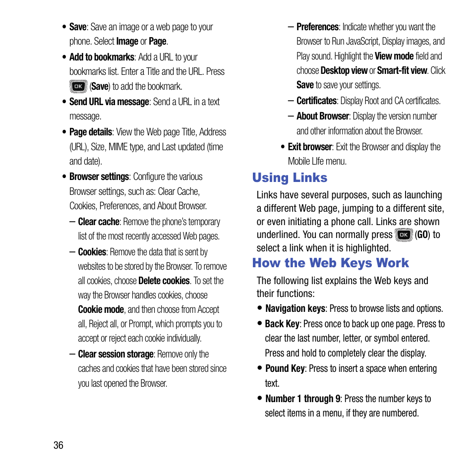 Using links, How the web keys work, Using links how the web keys work | Samsung SGH-T199ZKWTMB User Manual | Page 40 / 106