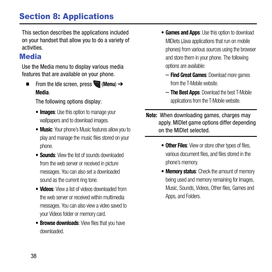 Section 8: applications, Media | Samsung SGH-T199ZKWTMB User Manual | Page 42 / 106