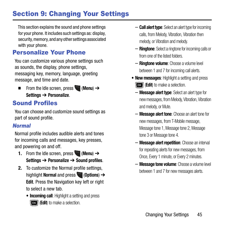 Section 9: changing your settings, Personalize your phone, Sound profiles | Personalize your phone sound profiles | Samsung SGH-T199ZKWTMB User Manual | Page 49 / 106