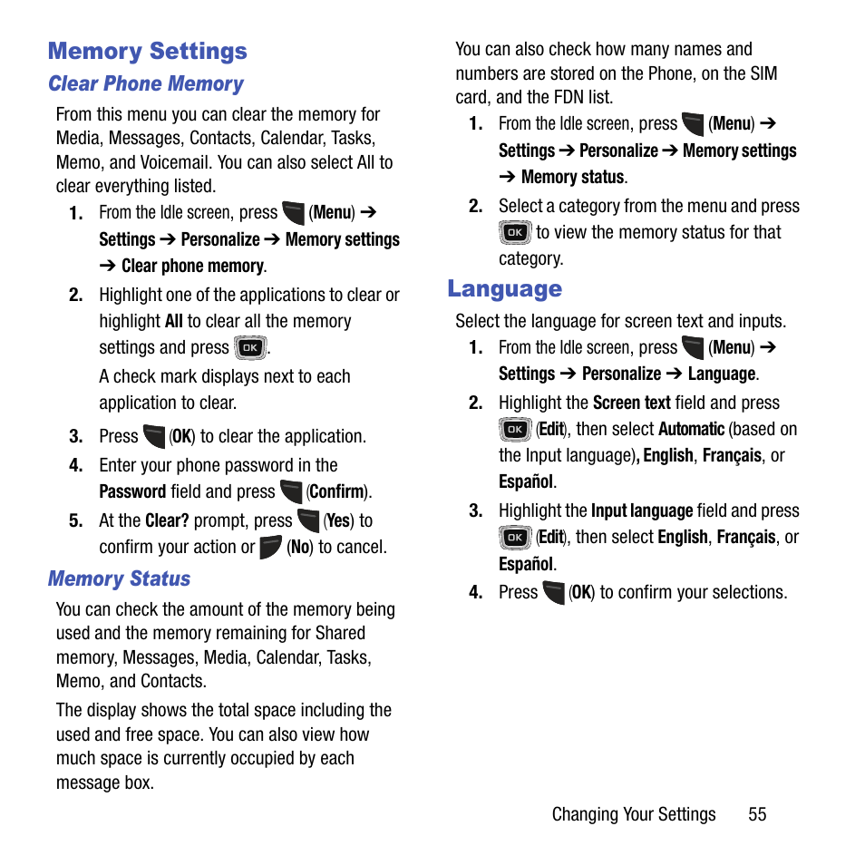 Memory settings, Language | Samsung SGH-T199ZKWTMB User Manual | Page 59 / 106