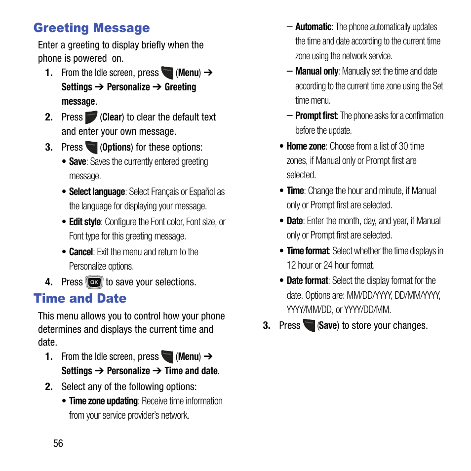 Greeting message, Time and date, Greeting message time and date | Samsung SGH-T199ZKWTMB User Manual | Page 60 / 106